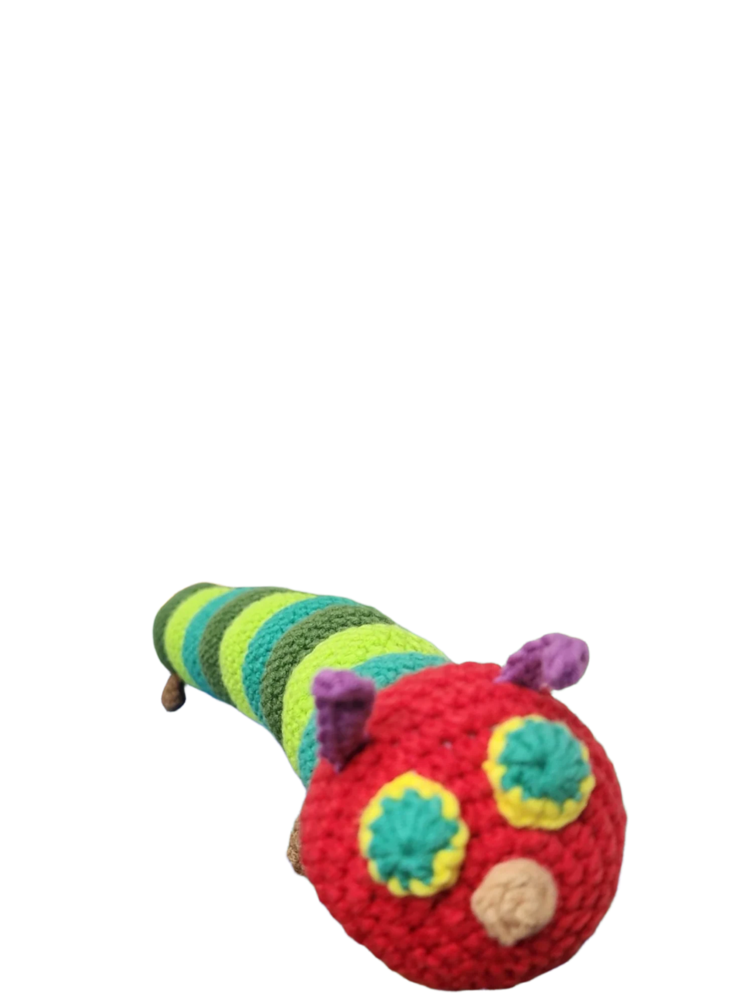 Suzie's Sunshine Dolls The Very Hungry Caterpillar crochet toy, red head with yellow and green eyes, green and blue striped body.