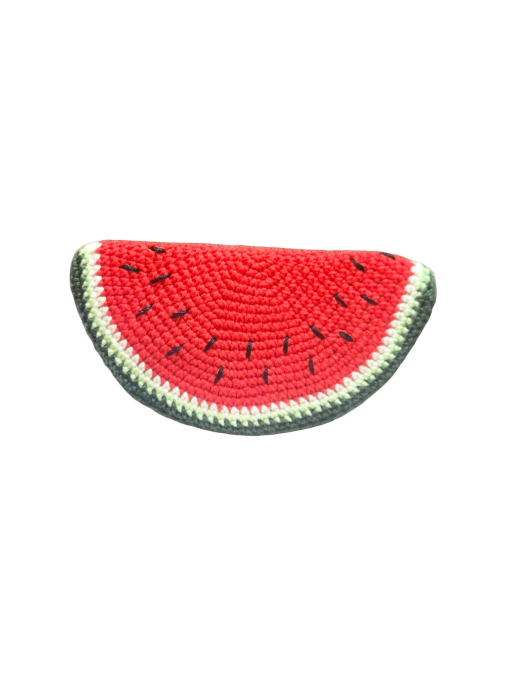 Suzie's Sunshine Dolls hand-crocheted watermelon slice toy with red fruit, black seeds, and green rind.