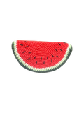 Suzie's Sunshine Dolls hand-crocheted watermelon slice toy with red fruit, black seeds, and green rind.