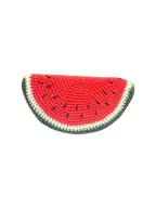 Suzie's Sunshine Dolls hand-crocheted watermelon slice toy with red fruit, black seeds, and green rind.