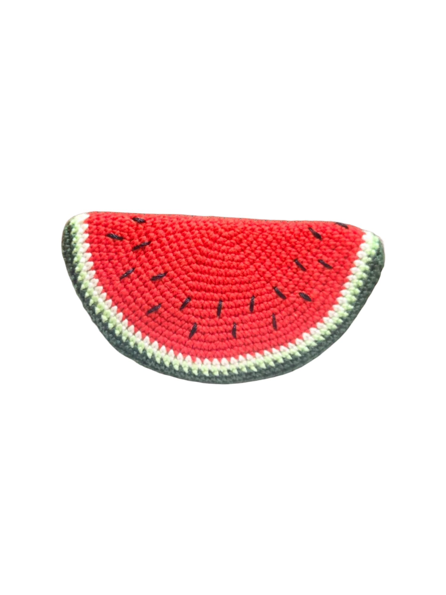 Suzie's Sunshine Dolls hand-crocheted watermelon slice toy with red fruit, black seeds, and green rind.