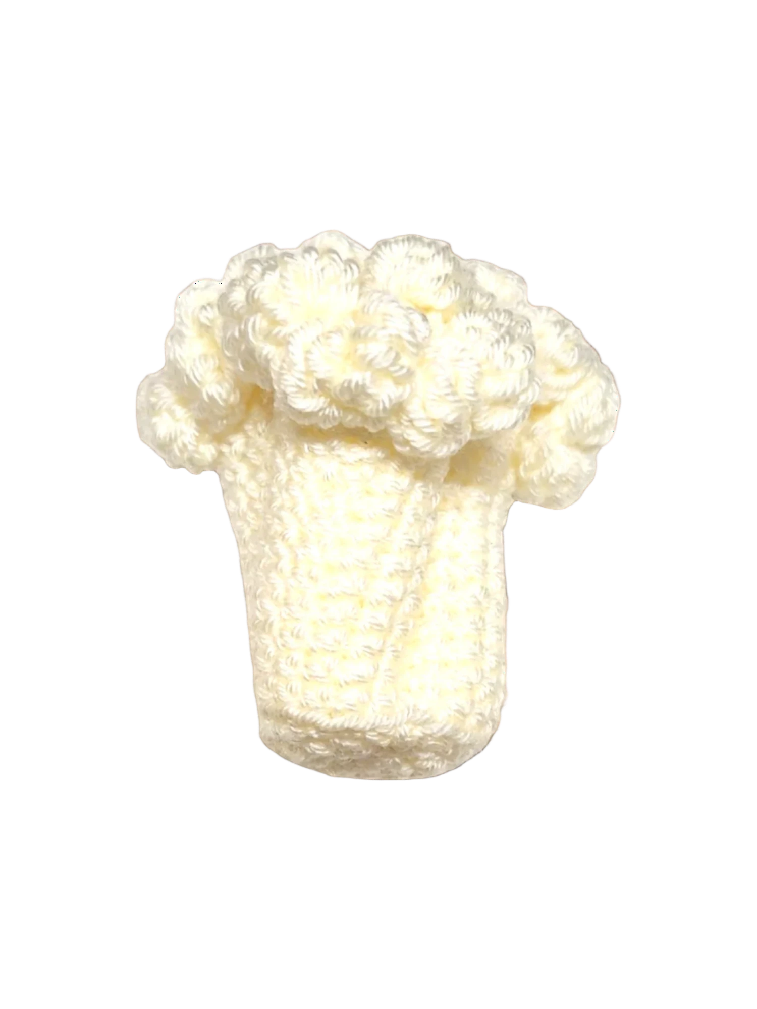 Suzie's Sunshine Dolls hand-crocheted white cauliflower toy made of cotton yarn.