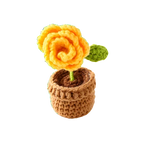 Suzie's Sunshine Dolls yellow crochet rose in a brown pot with a green leaf, handcrafted acrylic yarn.