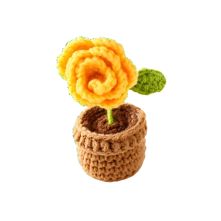Suzie's Sunshine Dolls yellow crochet rose in a brown pot with a green leaf, handcrafted acrylic yarn.