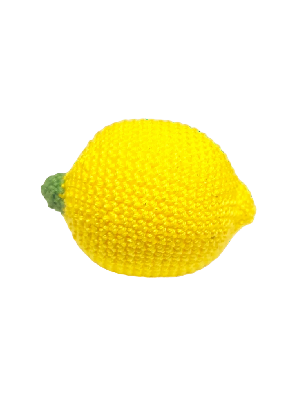 Suzie's Sunshine Dolls yellow crocheted lemon with green stem, perfect for play kitchens.