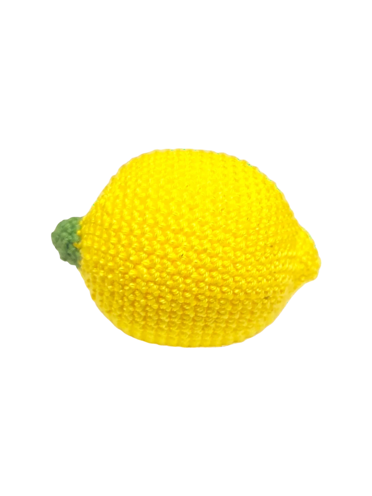 Suzie's Sunshine Dolls yellow crocheted lemon with green stem, perfect for play kitchens.