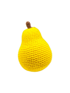 Suzie's Sunshine Dolls yellow crocheted pear with brown stem, made from cotton yarn.