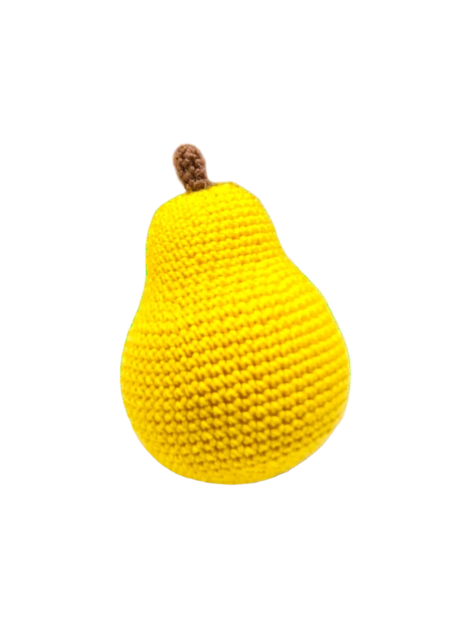 Suzie's Sunshine Dolls yellow crocheted pear with brown stem, made from cotton yarn.