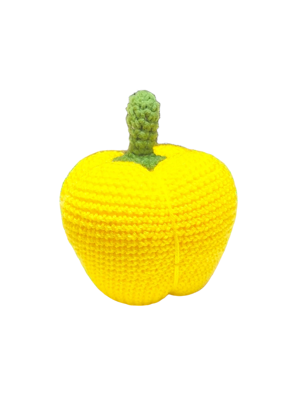 Suzie's Sunshine Dolls yellow crocheted pumpkin with green stem, handmade cotton yarn