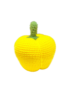 Suzie's Sunshine Dolls yellow crocheted pumpkin with green stem, handmade cotton yarn