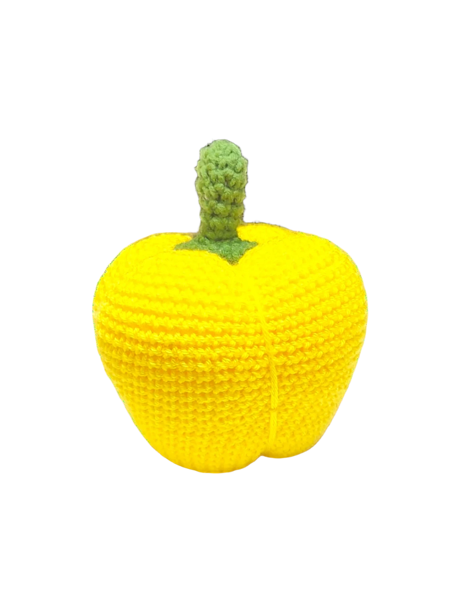 Suzie's Sunshine Dolls yellow crocheted pumpkin with green stem, handmade cotton yarn