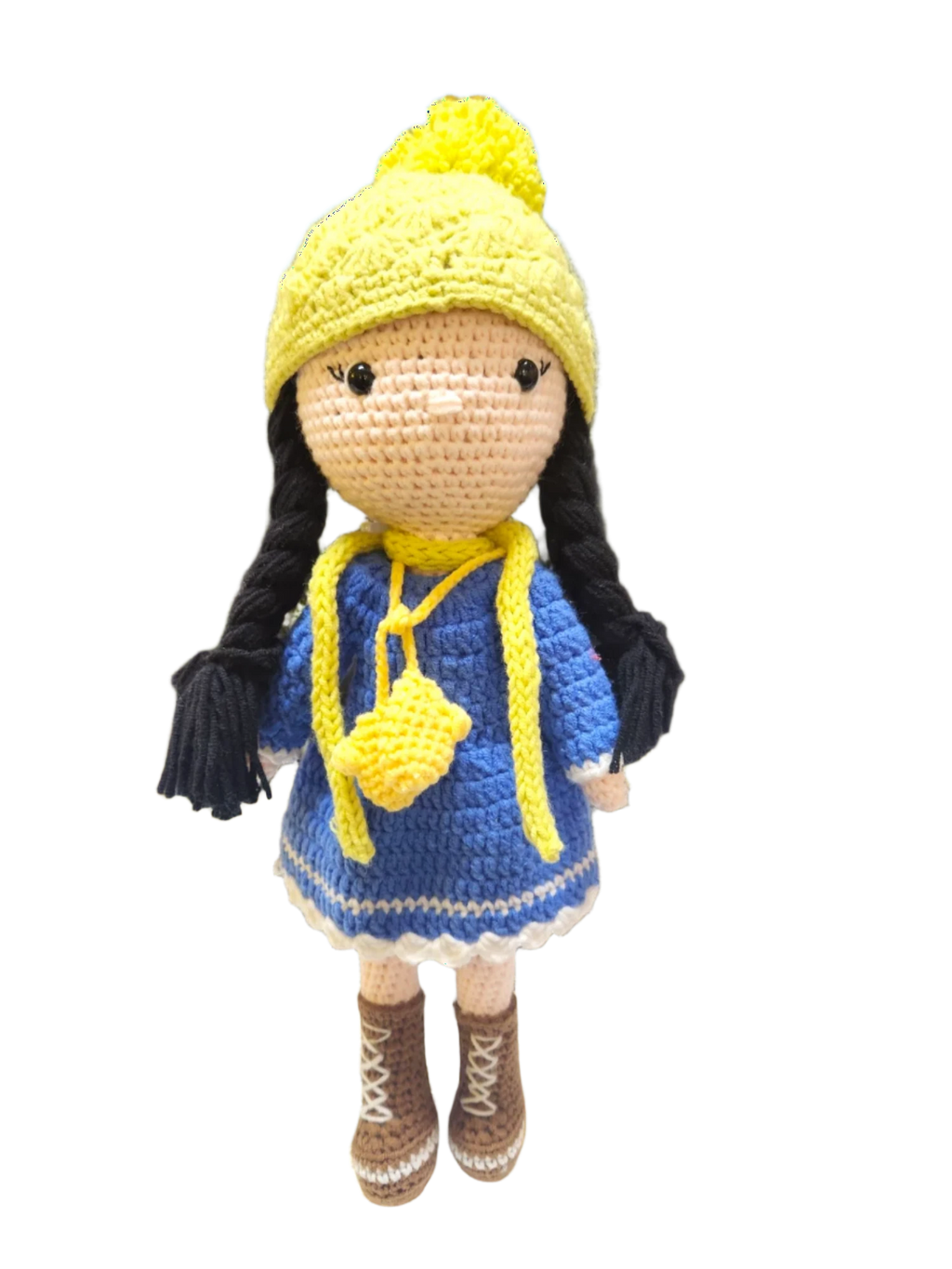 Suzie's Sunshine Dolls Zoey doll in blue crocheted dress, yellow beanie, and brown boots. Handmade.