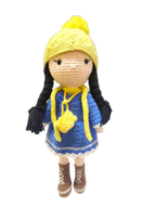Suzie's Sunshine Dolls Zoey doll in blue crocheted dress, yellow beanie, and brown boots. Handmade.