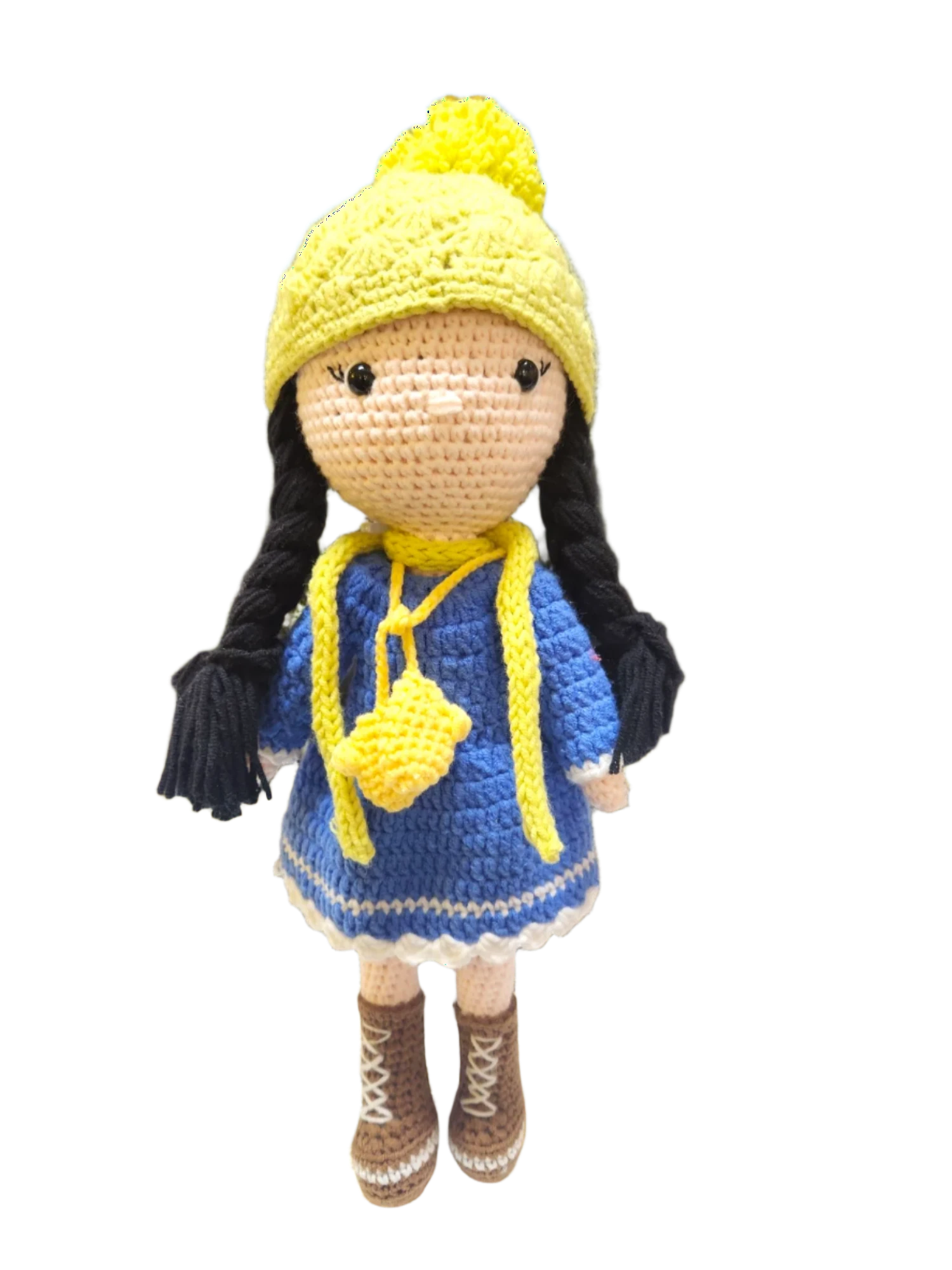 Suzie's Sunshine Dolls Zoey doll in blue crocheted dress, yellow beanie, and brown boots. Handmade.