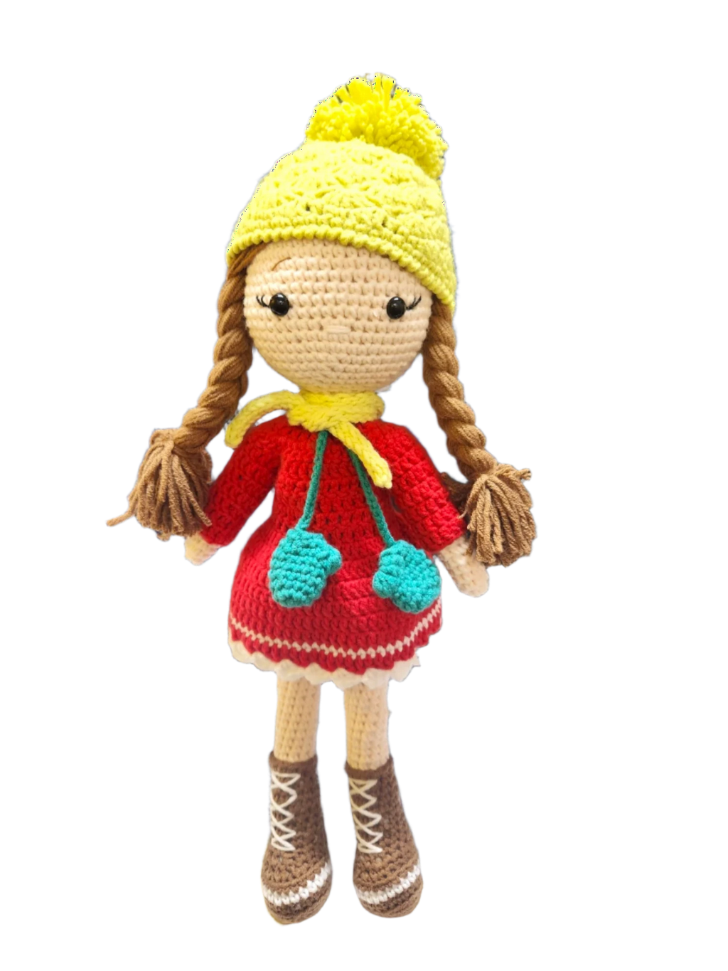 Suzie's Sunshine Dolls Zoey doll in red crocheted dress, yellow beanie with pom-pom, and brown boots.