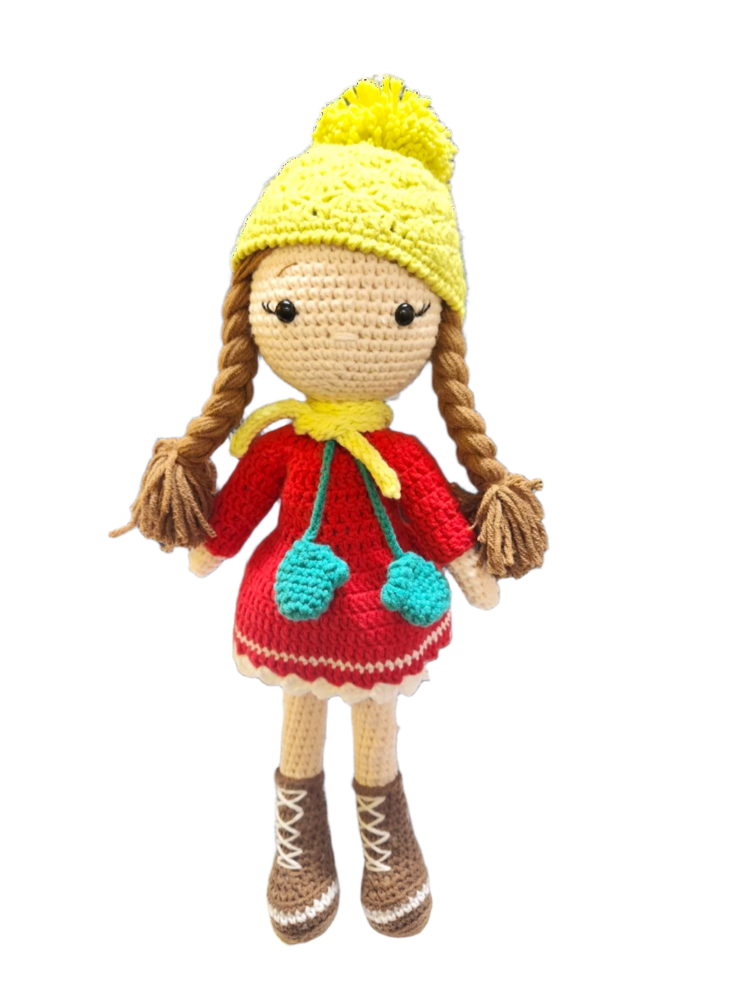 Suzie's Sunshine Dolls Zoey doll in red crocheted dress, yellow beanie with pom-pom, and brown boots.