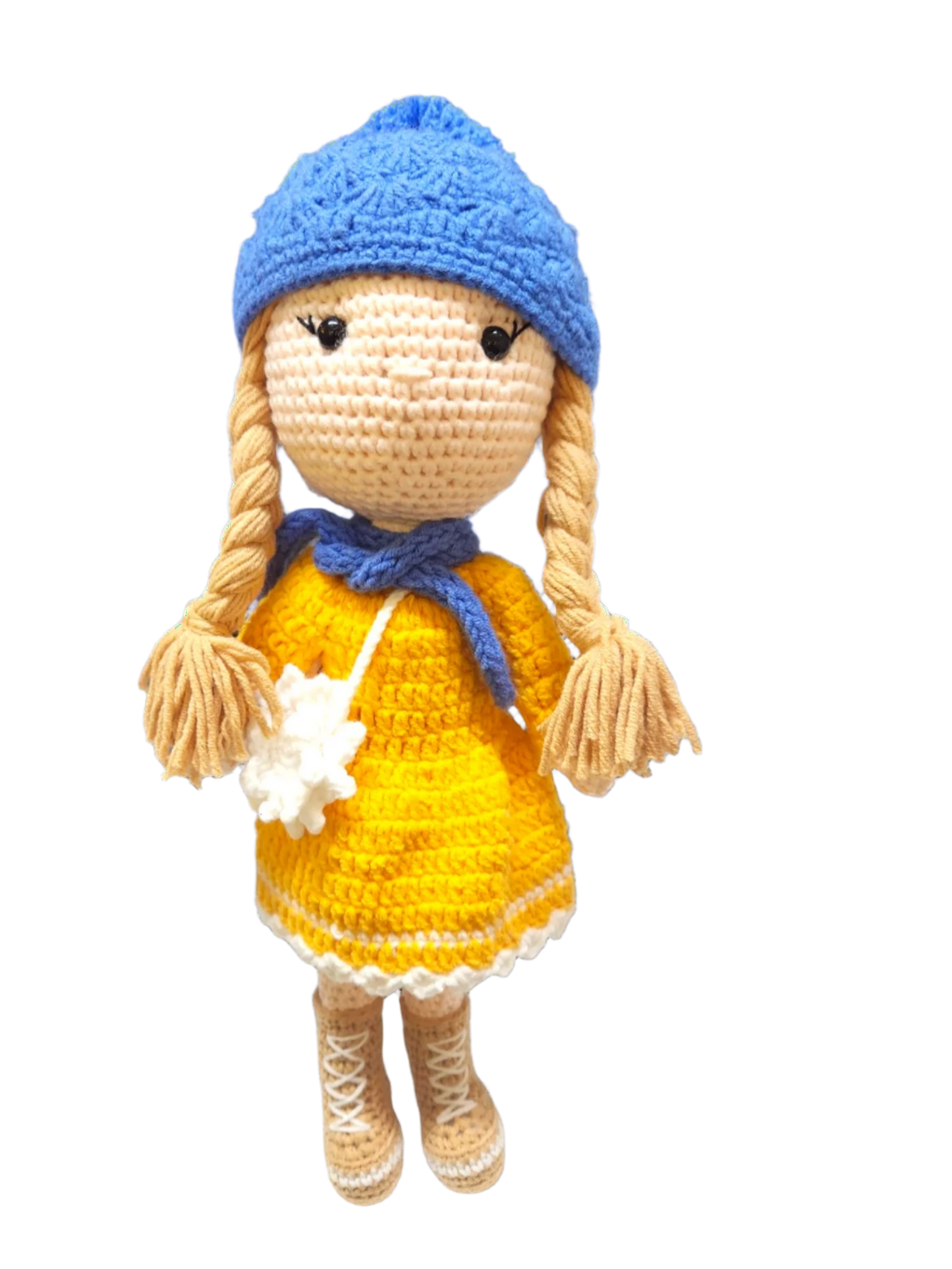 Suzie's Sunshine Dolls Zoey doll in yellow dress, blue hat, blue scarf, and brown boots. Hand-crocheted.