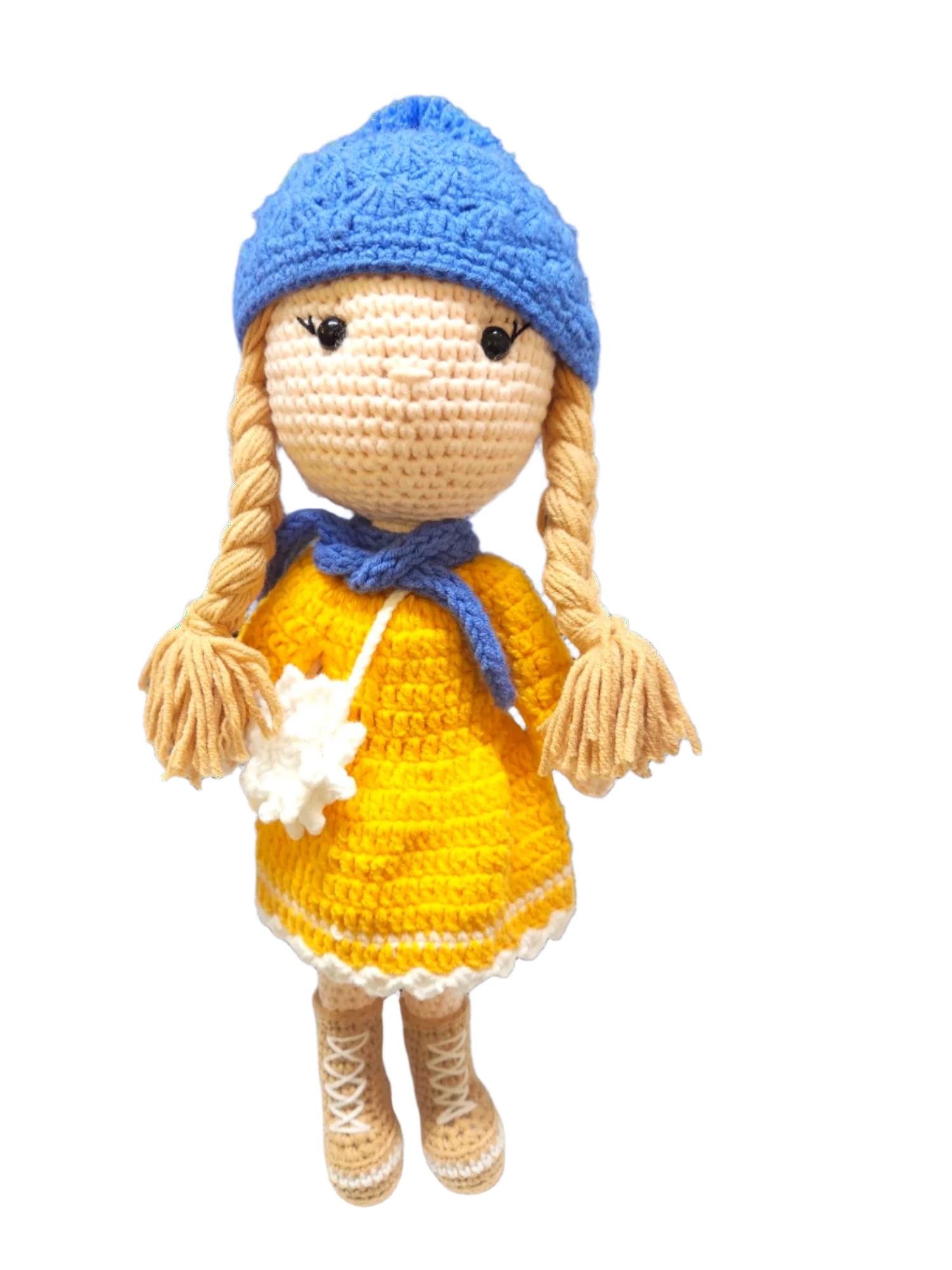 Suzie's Sunshine Dolls Zoey doll in yellow dress, blue hat, blue scarf, and brown boots. Hand-crocheted.